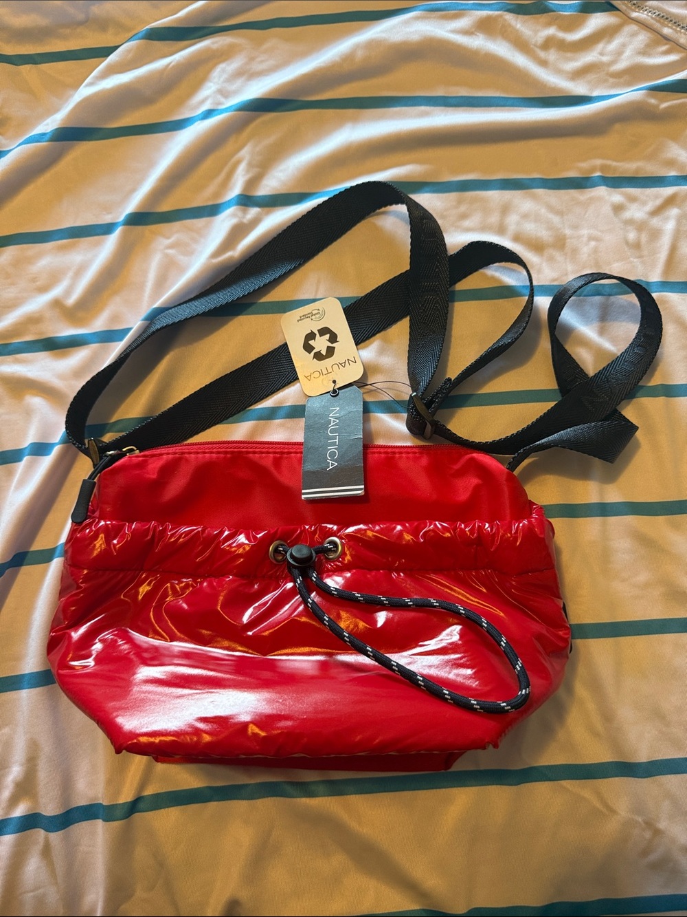 Nautica Red Shiny Puffer Crossbody Bag with Black Strap